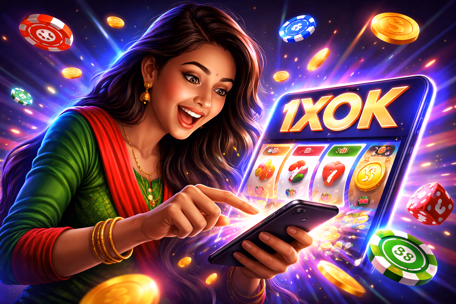 রঙিন চিপ ভাসমান অবস্থায় 1XOK অ্যাপে রিল স্পিন করতে তার ফোনের স্ক্রিনে ট্যাপ করছেন একজন তরুণ বাঙালি মহিলা
