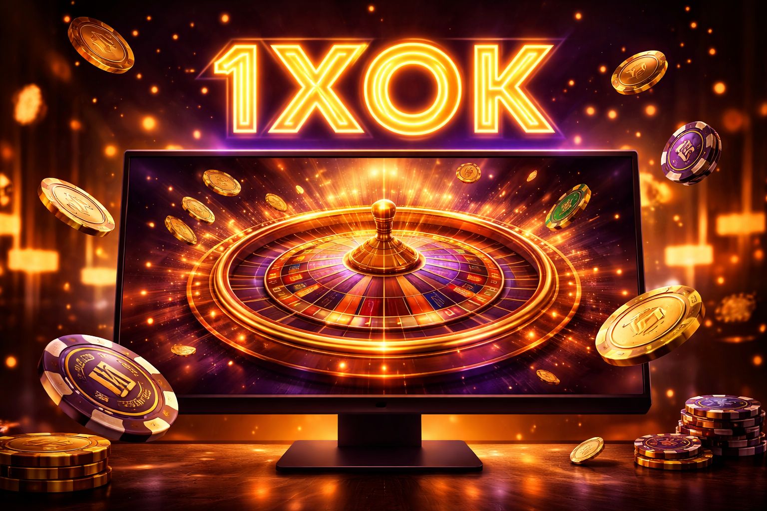 Vibrant digital casino wheel projected from a monitor with glowing coins symbolising modern virtual gambling entertainment at 1XOK for Bangladesh players