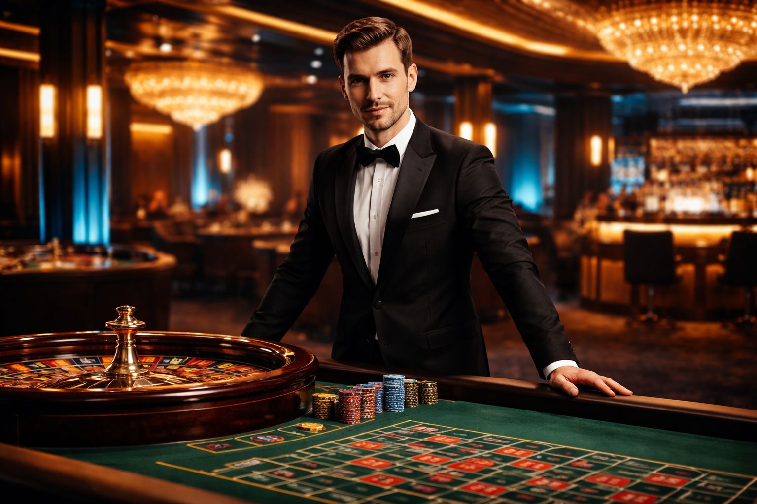 Poised casino host confidently standing beside a spinning roulette wheel surrounded by upscale interior details and radiant lighting representing the premium live studio ambience of 1XOK in Bangladesh