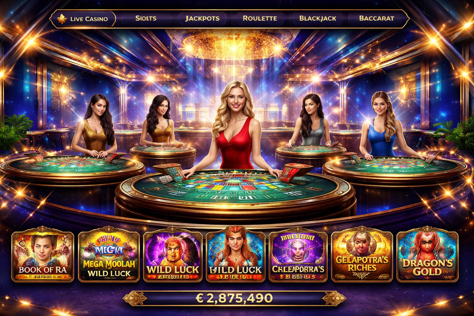 Confident casino presenter standing near a roulette table surrounded by floating chips illustrating the premium live studio universe of 1XOK for Bangladesh gamblers
