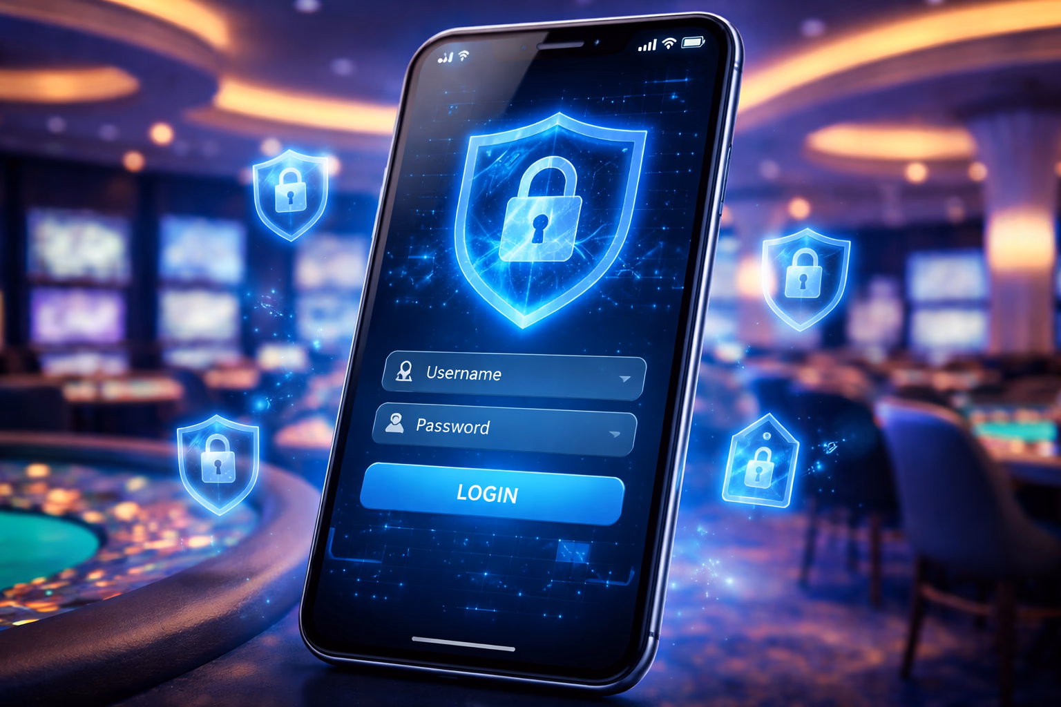 Confident host presenting a secure digital login shield with glowing verification icons in a modern gaming lounge