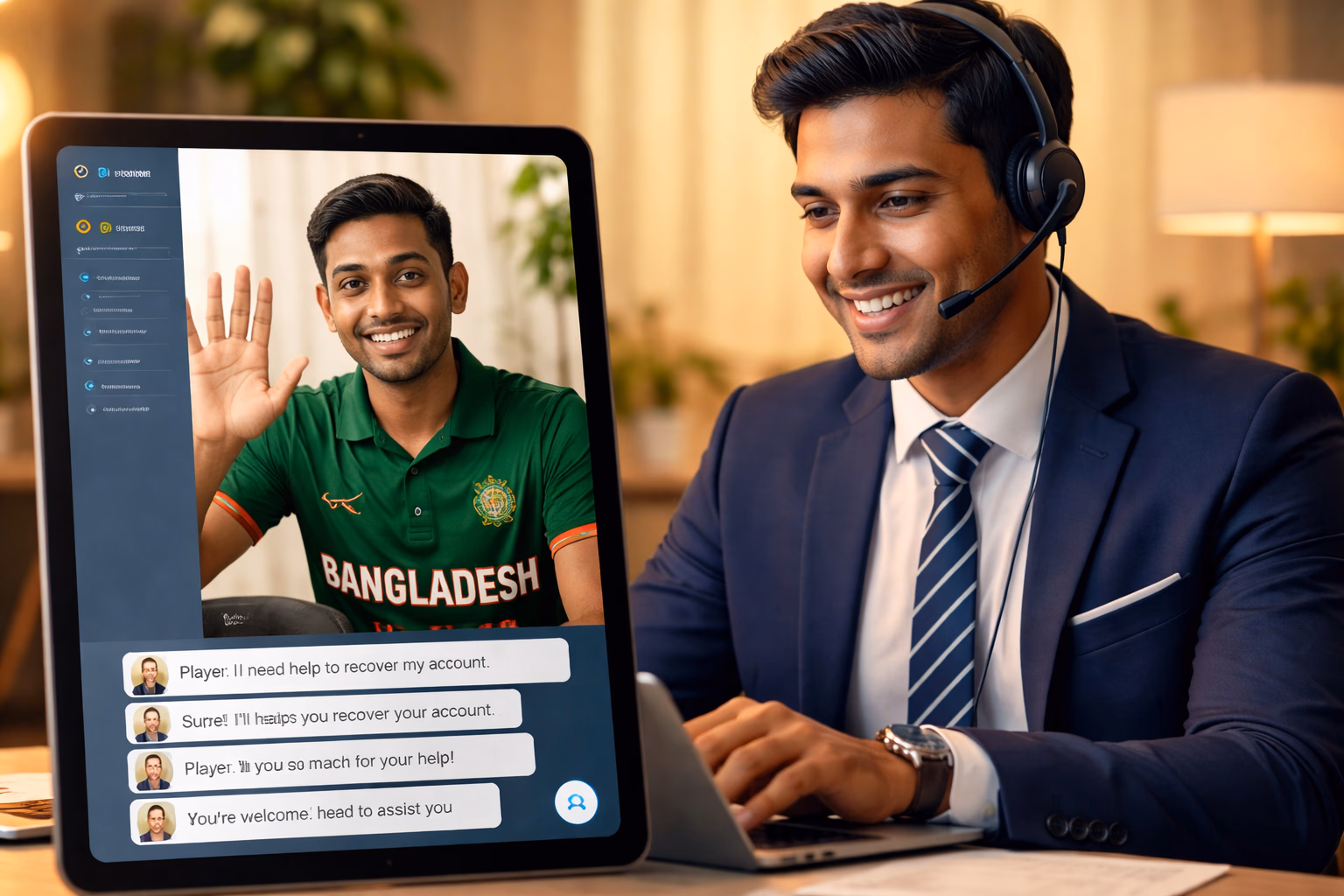 Helpful support agent guiding a Bangladeshi player through account recovery on a bright tablet screen