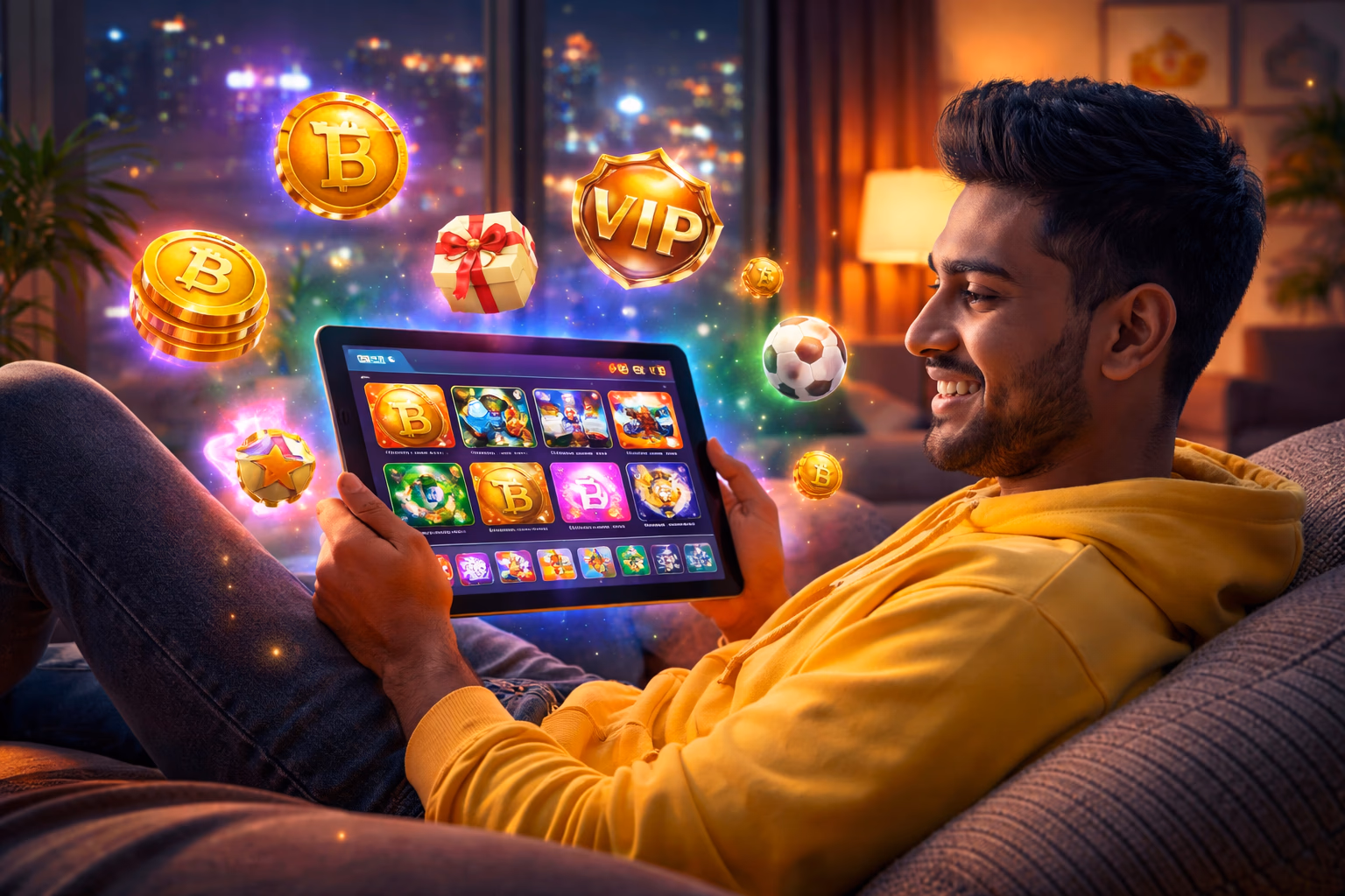 Delighted player exploring the 1XOK member dashboard filled with bonuses, wallet options and personalised game shortcuts